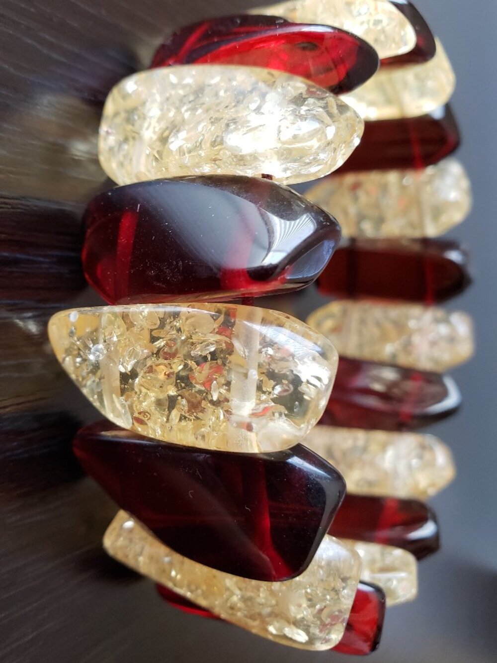 Vintage Acrylic Gold Crackle Root Beer Red Brown Modernist Stretch Cuff Bracelet